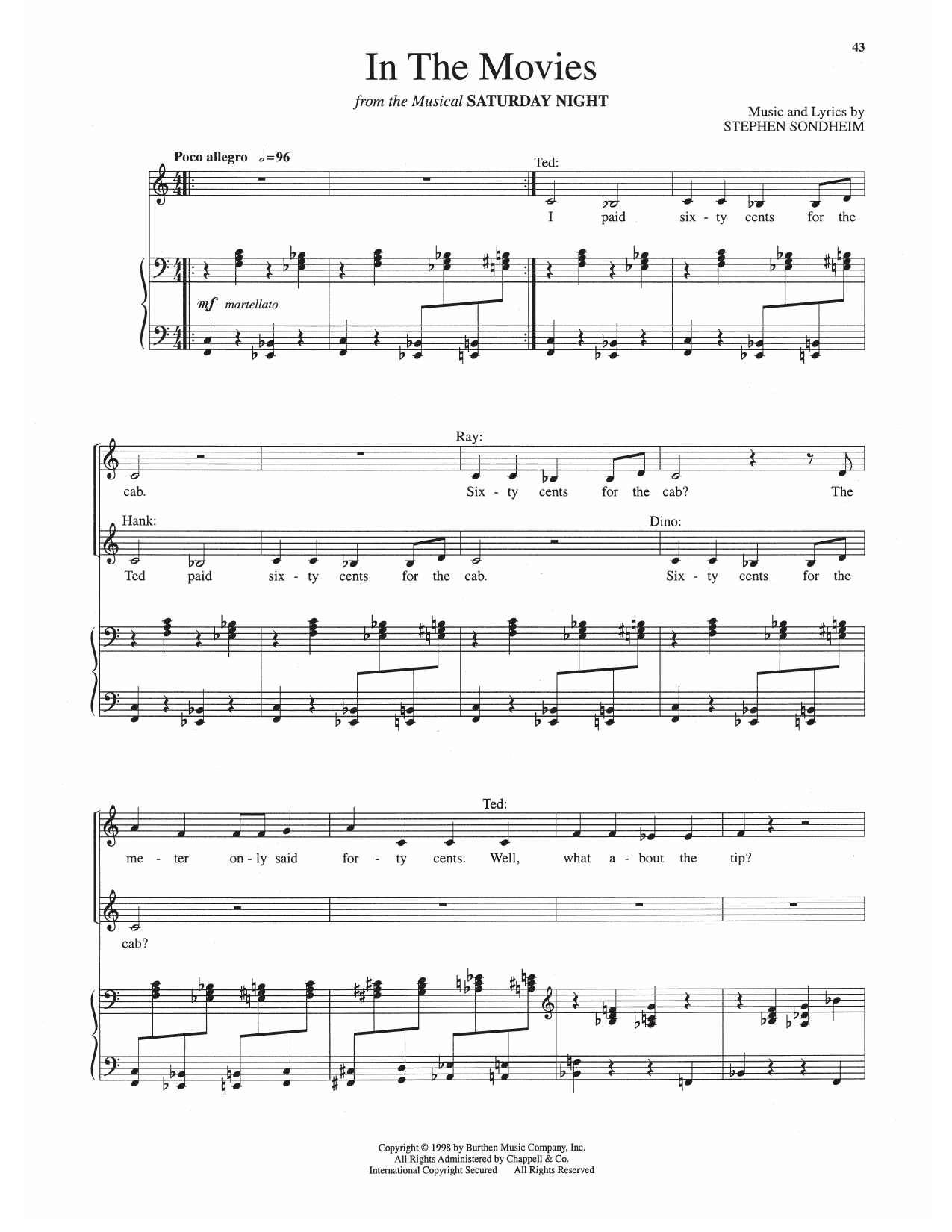 Stephen Sondheim In The Movies (from Saturday Night) sheet music notes and chords arranged for Piano & Vocal