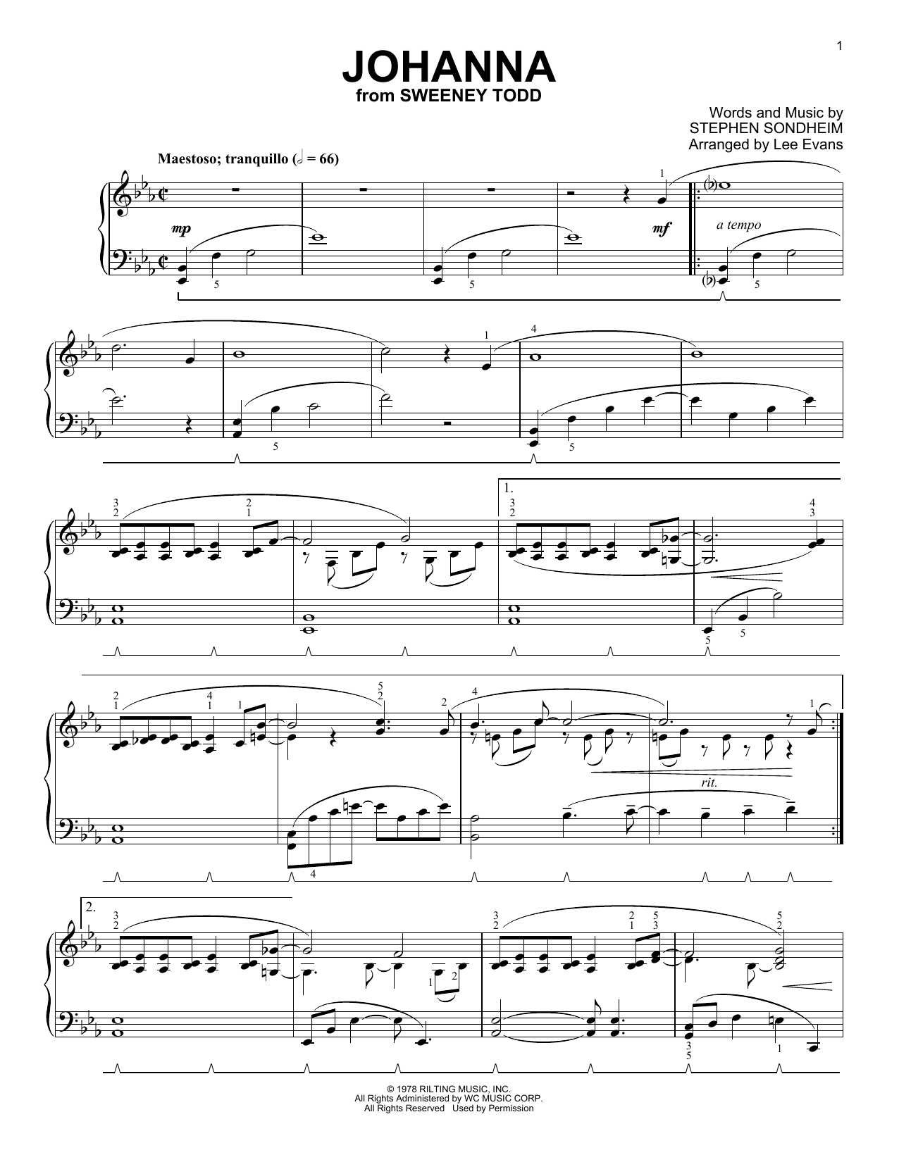 Stephen Sondheim Johanna (from Sweeney Todd) (arr. Lee Evans) sheet music notes and chords arranged for Piano Solo