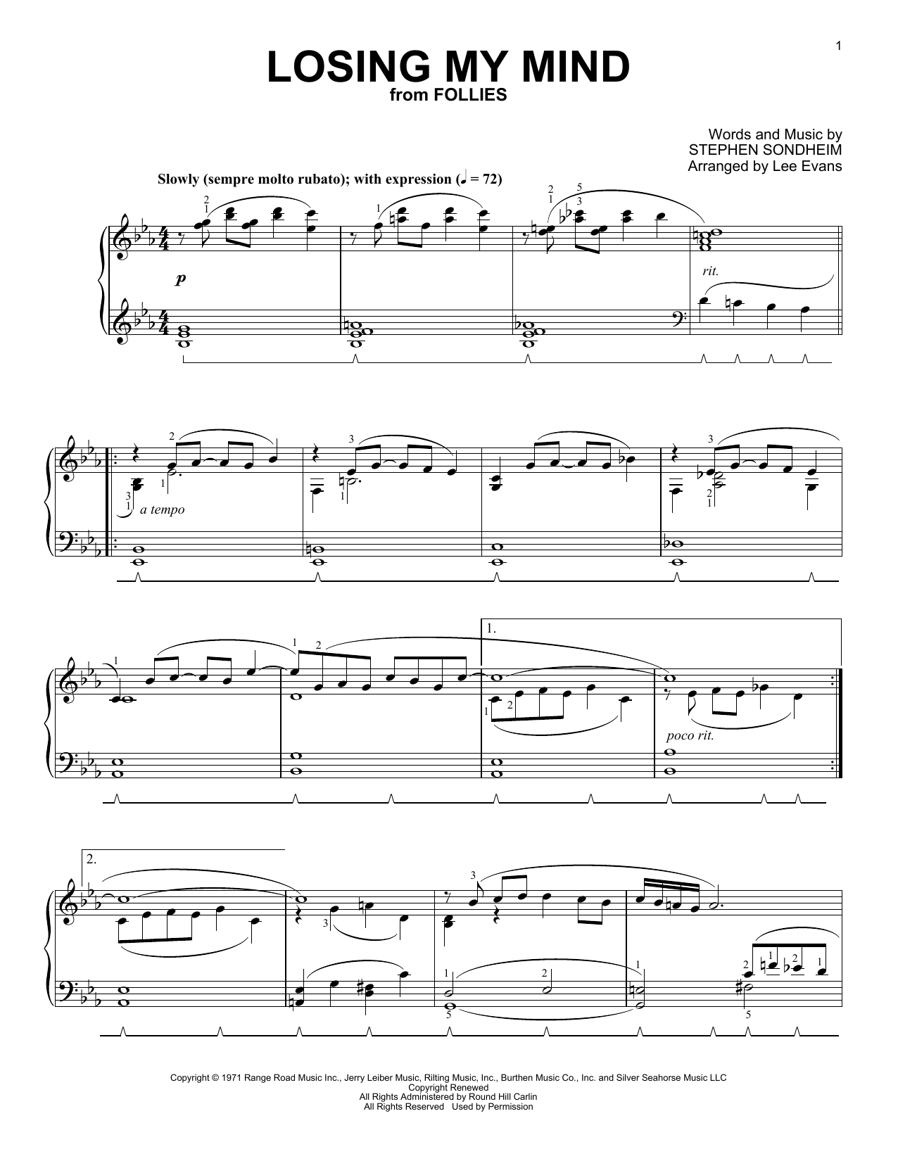 Stephen Sondheim Losing My Mind (from Follies) (arr. Lee Evans) sheet music notes and chords arranged for Piano Solo
