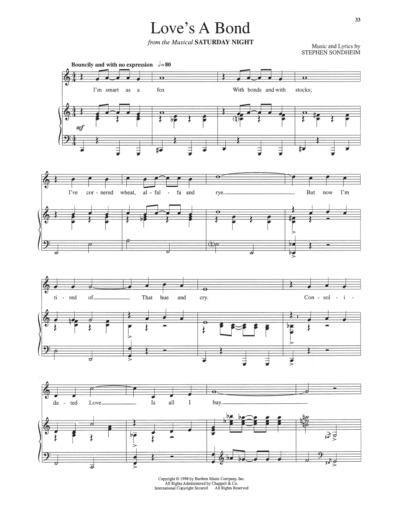 Stephen Sondheim Love's A Bond (from Saturday Night) sheet music notes and chords arranged for Piano & Vocal