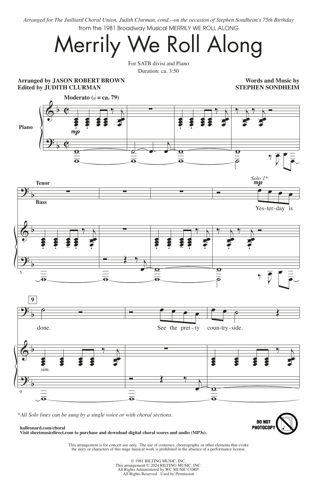 Stephen Sondheim Merrily We Roll Along (from Merrily We Roll Along) (arr. Jason Robert Brown) sheet music notes and chords arranged for Choir