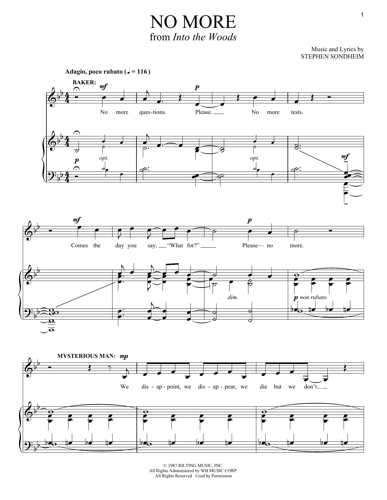 Stephen Sondheim No More (from Into The Woods) sheet music notes and chords arranged for Piano & Vocal