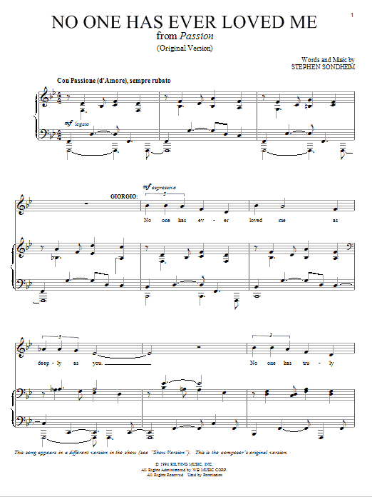 Stephen Sondheim No One Has Ever Loved Me sheet music notes and chords arranged for Piano & Vocal