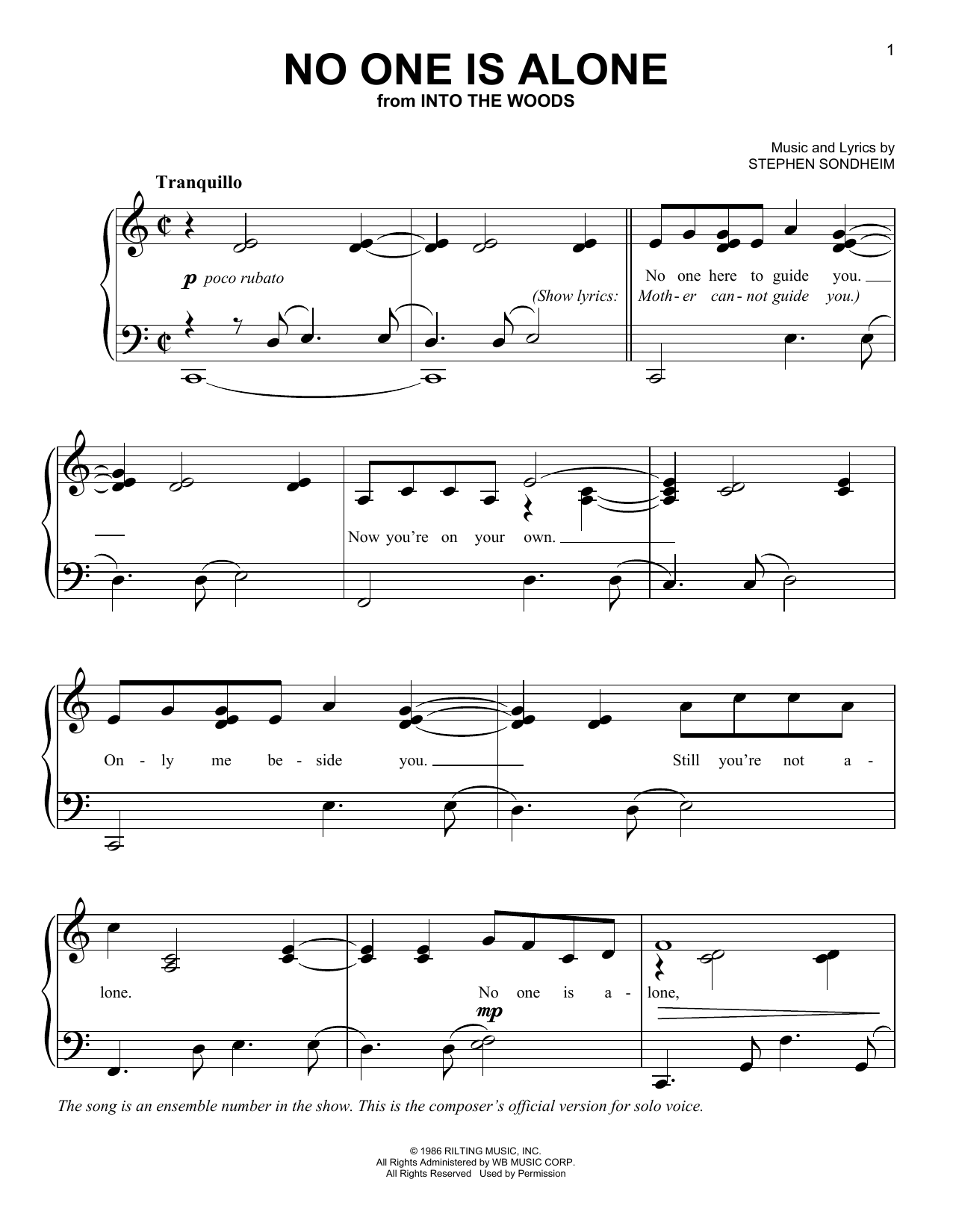 Stephen Sondheim No One Is Alone - Part I (from Into The Woods) sheet music notes and chords arranged for Piano & Vocal