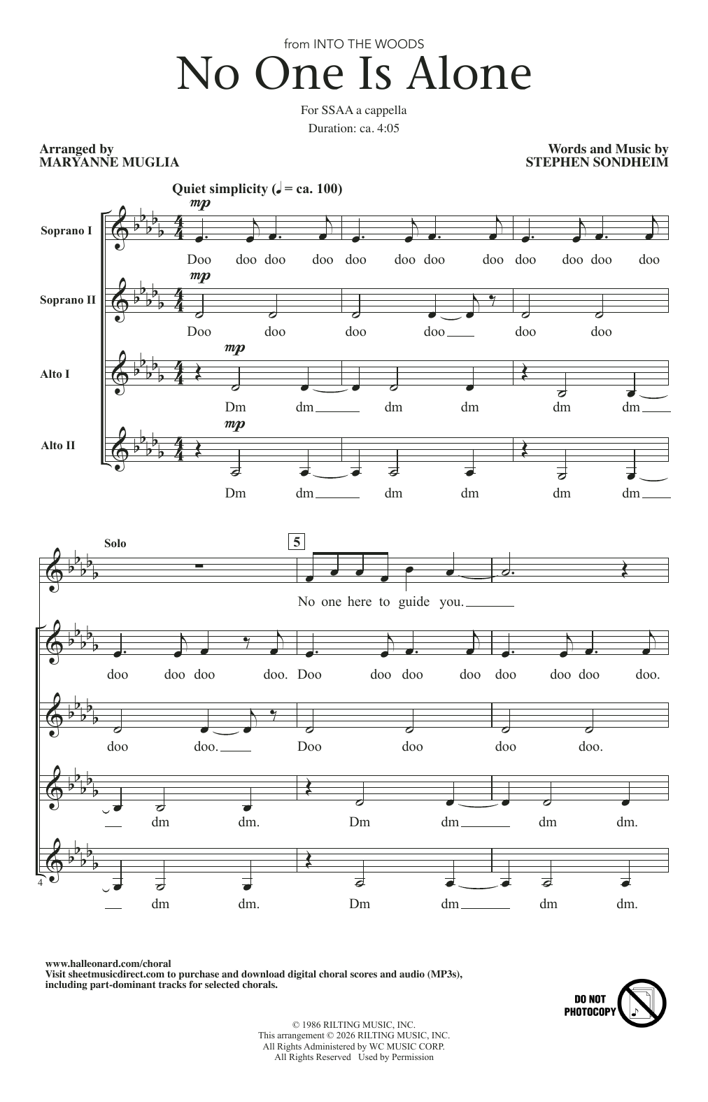 Stephen Sondheim No One Is Alone (from Into The Woods) (arr. MaryAnne Muglia) sheet music notes and chords arranged for SSAA Choir