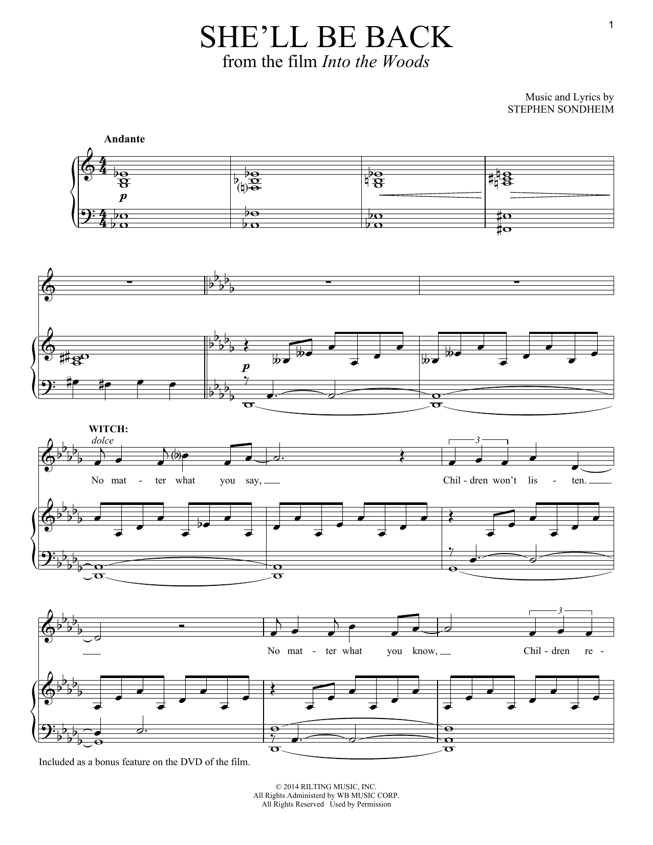 Stephen Sondheim She'll Be Back (from Into The Woods) sheet music notes and chords arranged for Piano & Vocal