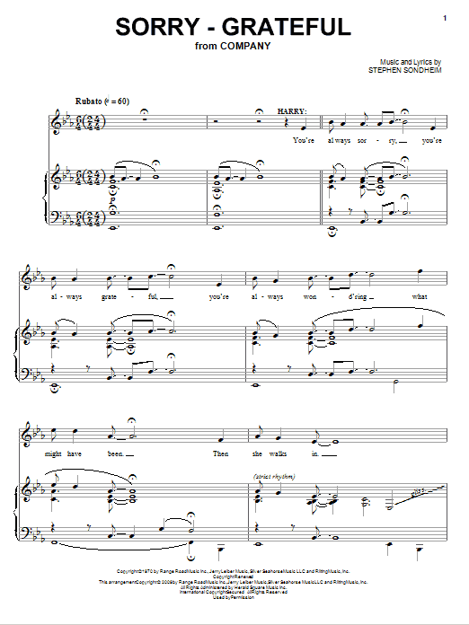 Stephen Sondheim Sorry - Grateful sheet music notes and chords arranged for Piano & Vocal