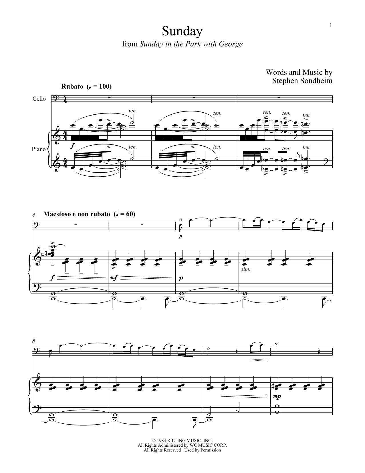 Stephen Sondheim Sunday (from Sunday in the Park with George) sheet music notes and chords arranged for Cello and Piano