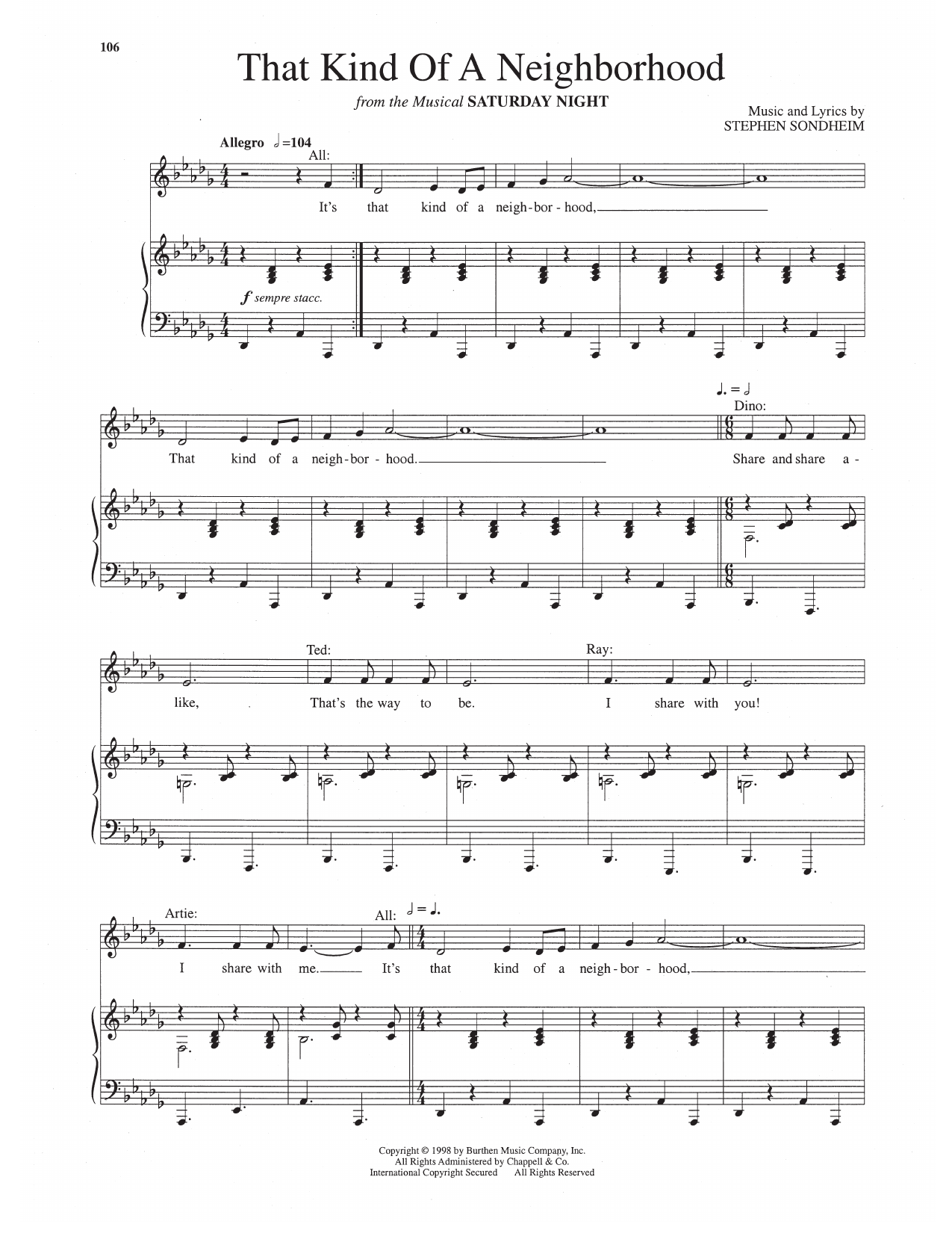 Stephen Sondheim That Kind Of A Neighborhood (from Saturday Night) sheet music notes and chords arranged for Piano & Vocal