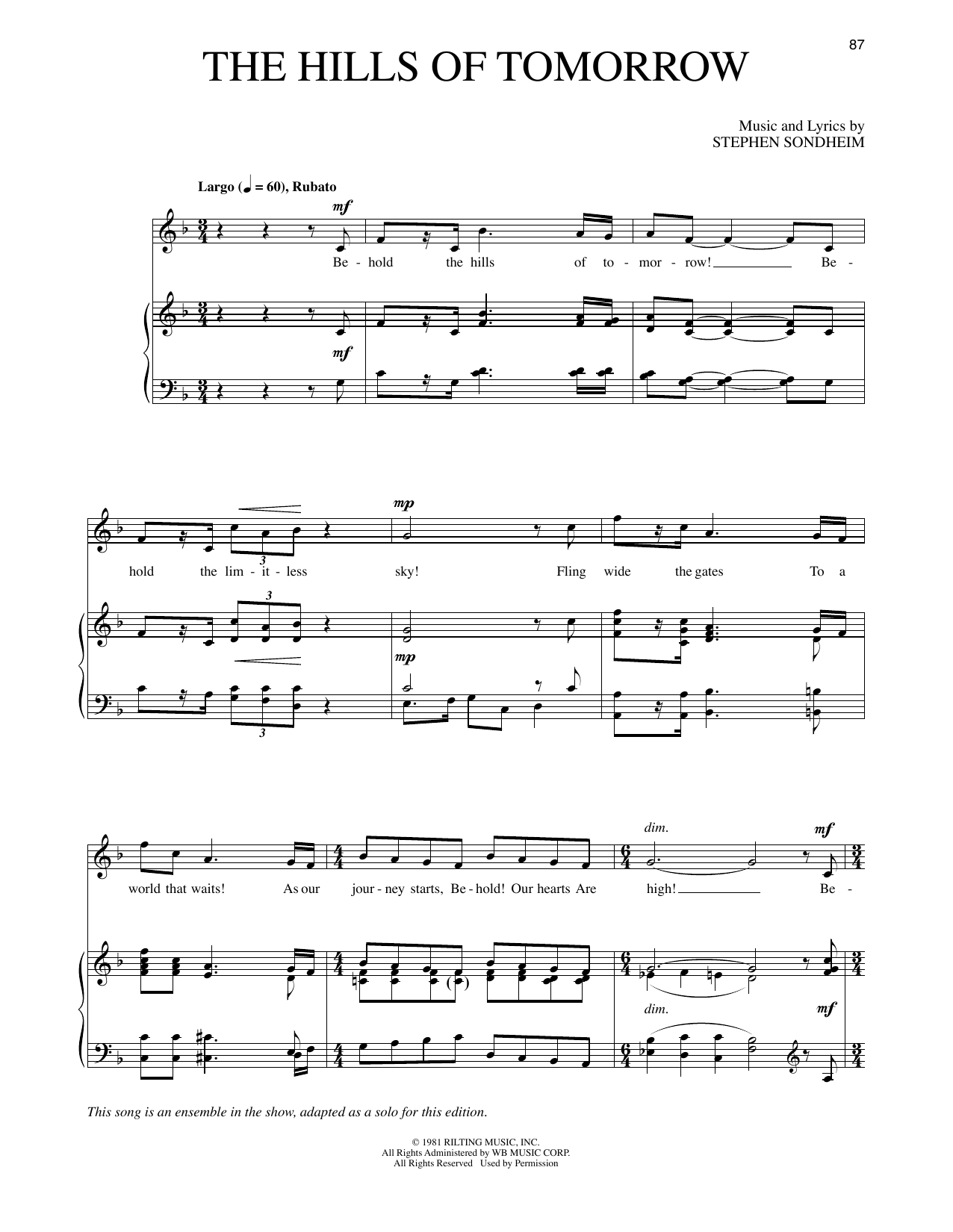 Stephen Sondheim The Hills Of Tomorrow (from Merrily We Roll Along) sheet music notes and chords arranged for Piano & Vocal
