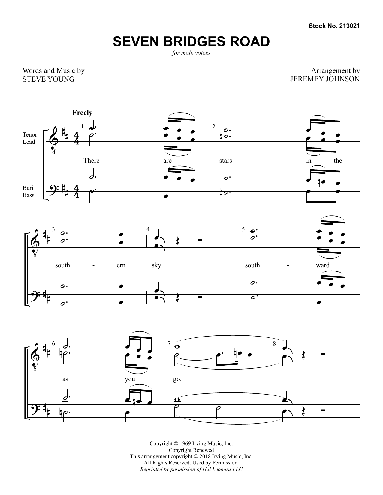 Stephen T. Young Seven Bridges Road (arr. Jeremey Johnson) sheet music notes and chords arranged for TTBB Choir