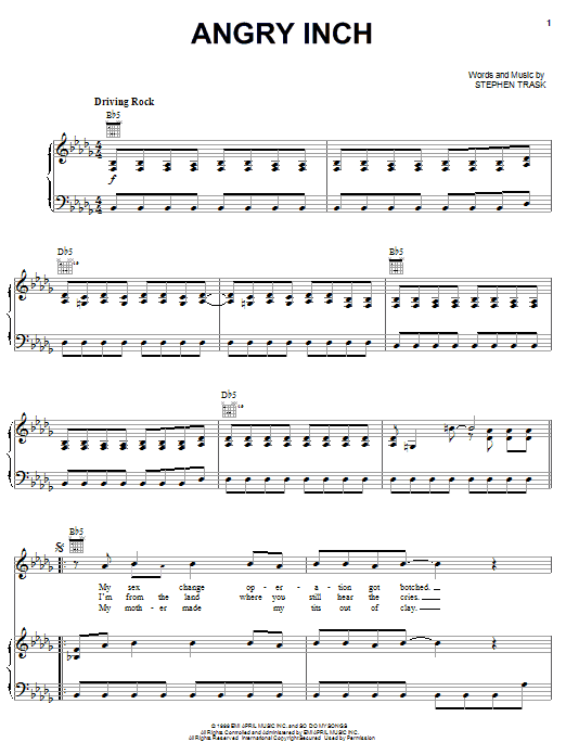 Stephen Trask Angry Inch sheet music notes and chords arranged for Piano, Vocal & Guitar Chords (Right-Hand Melody)