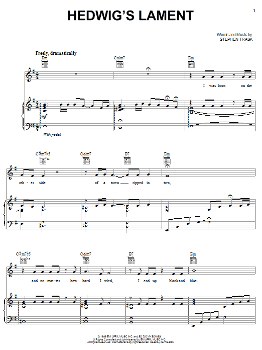 Stephen Trask Hedwig's Lament sheet music notes and chords arranged for Piano, Vocal & Guitar Chords (Right-Hand Melody)
