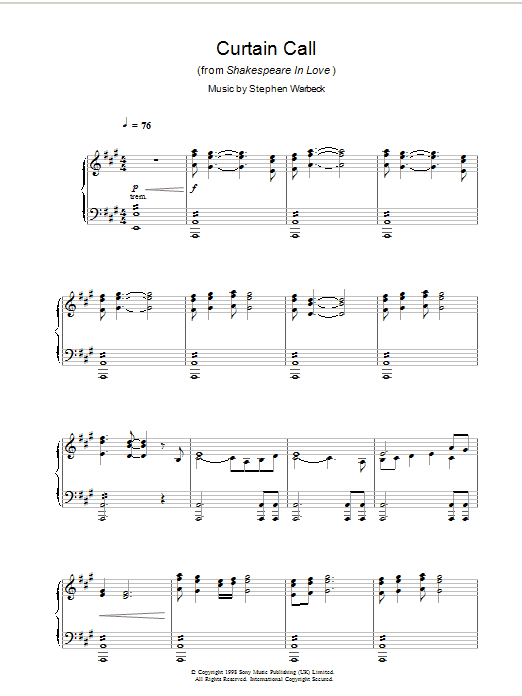 Stephen Warbeck Curtain Call (from Shakespeare In Love) sheet music notes and chords arranged for Piano Solo