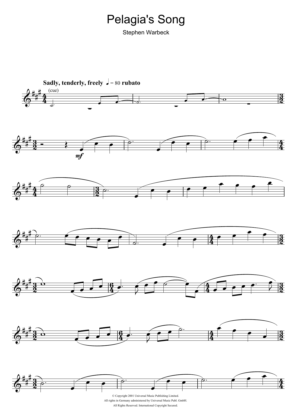 Stephen Warbeck Pelagia's Song (from Captain Corelli's Mandolin) sheet music notes and chords arranged for Flute Solo
