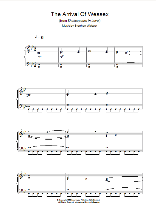 Stephen Warbeck The Arrival Of Wessex (from Shakespeare In Love) sheet music notes and chords arranged for Piano Solo