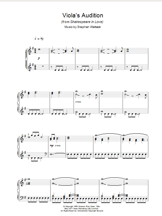 Stephen Warbeck Viola's Audition (from Shakespeare In Love) sheet music notes and chords arranged for Piano Solo