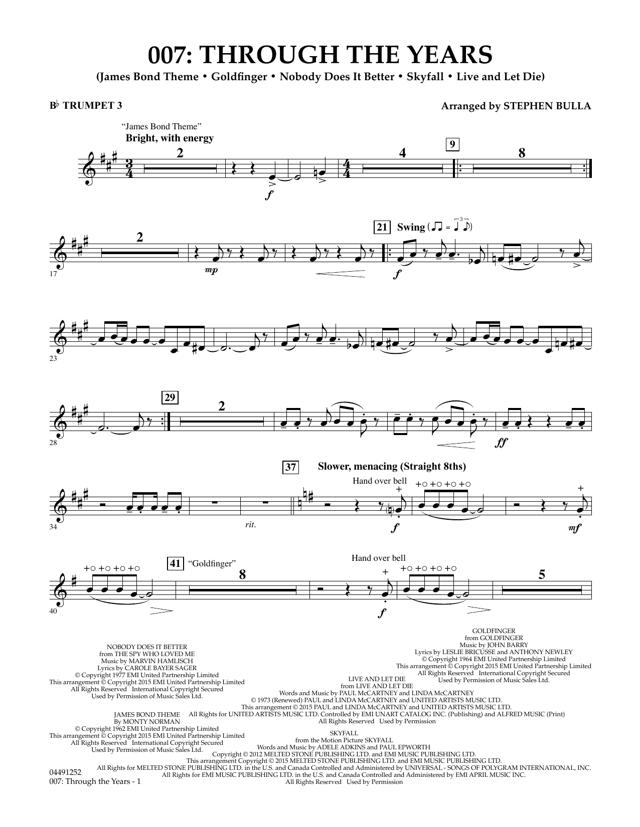 Stephen Bulla 007: Through The Years - Bb Trumpet 3 sheet music notes and chords arranged for Orchestra
