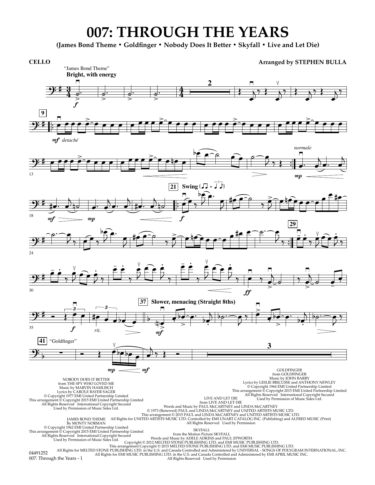 Stephen Bulla 007: Through The Years - Cello sheet music notes and chords arranged for Orchestra