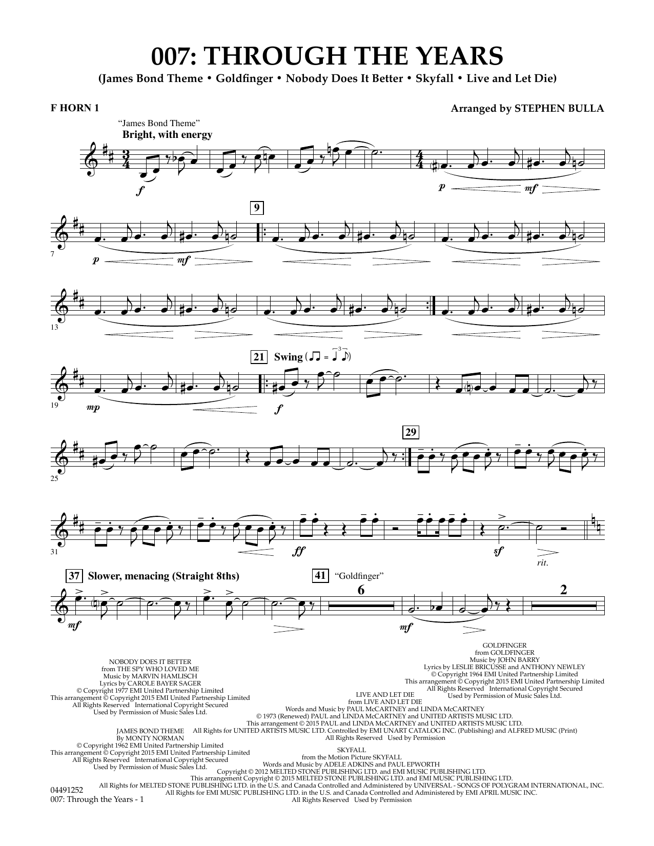 Stephen Bulla 007: Through The Years - F Horn 1 sheet music notes and chords arranged for Orchestra