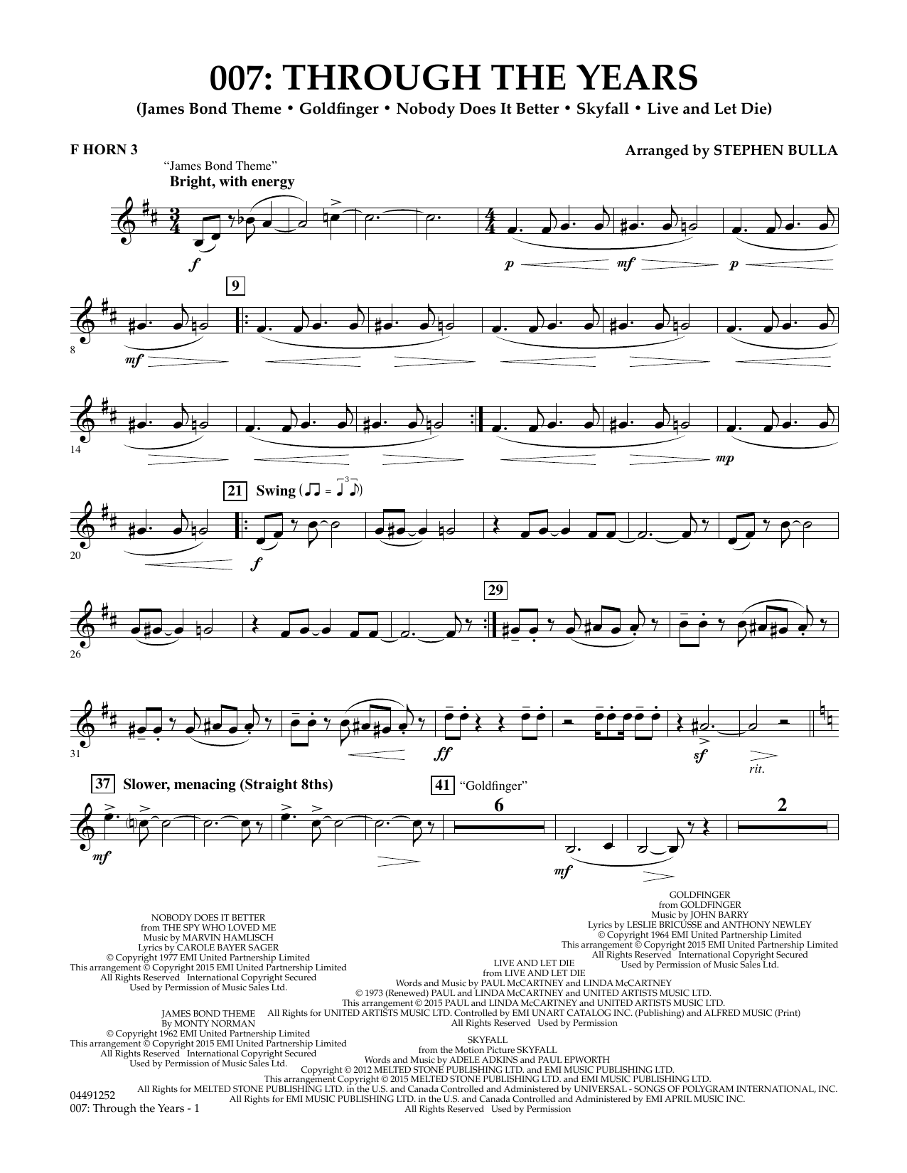 Stephen Bulla 007: Through The Years - F Horn 3 sheet music notes and chords arranged for Orchestra