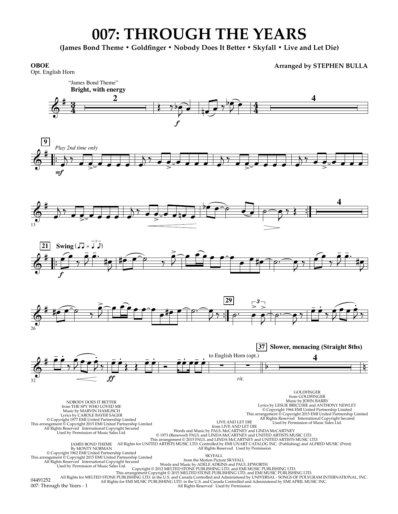 Stephen Bulla 007: Through The Years - Oboe sheet music notes and chords arranged for Orchestra