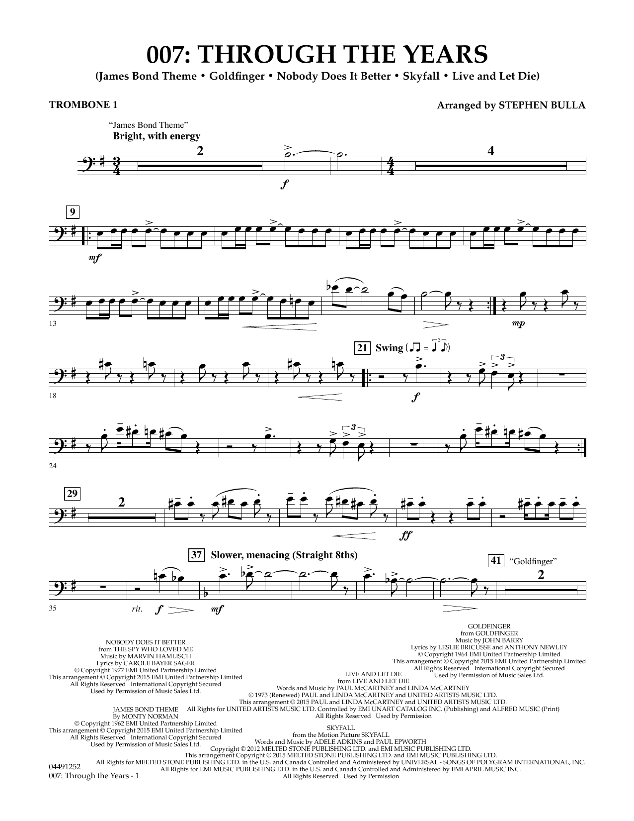 Stephen Bulla 007: Through The Years - Trombone 1 sheet music notes and chords arranged for Orchestra