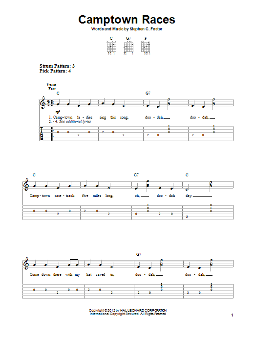 Stephen Foster Camptown Races sheet music notes and chords arranged for Easy Guitar Tab