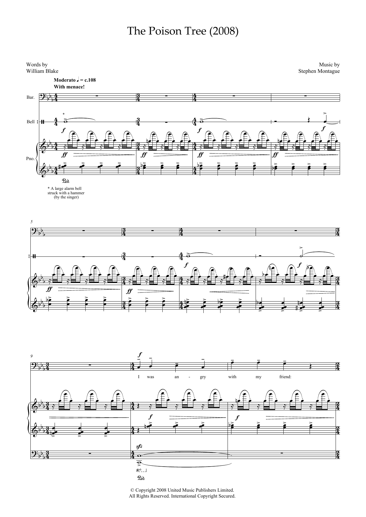 Stephen Montague The Poison Tree (for baritone, piano and bell) sheet music notes and chords arranged for Piano & Vocal