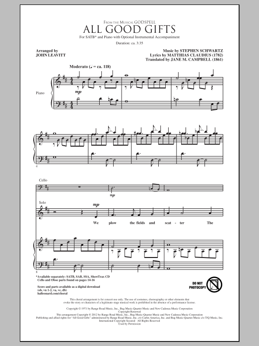 Stephen Schwartz All Good Gifts (arr. John Leavitt) sheet music notes and chords arranged for SATB Choir