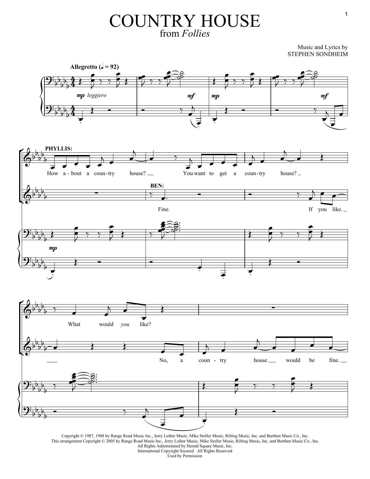 Stephen Sondheim Country House (1987) sheet music notes and chords. Download Printable PDF.
