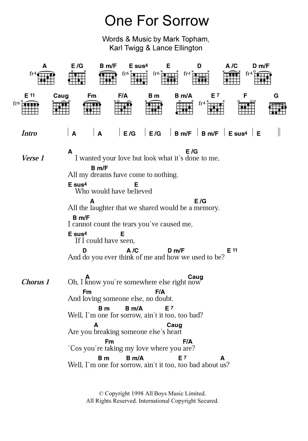Steps One For Sorrow sheet music notes and chords arranged for Piano, Vocal & Guitar Chords (Right-Hand Melody)