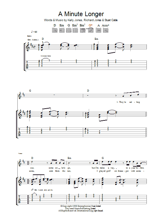 Stereophonics A Minute Longer sheet music notes and chords arranged for Guitar Chords/Lyrics