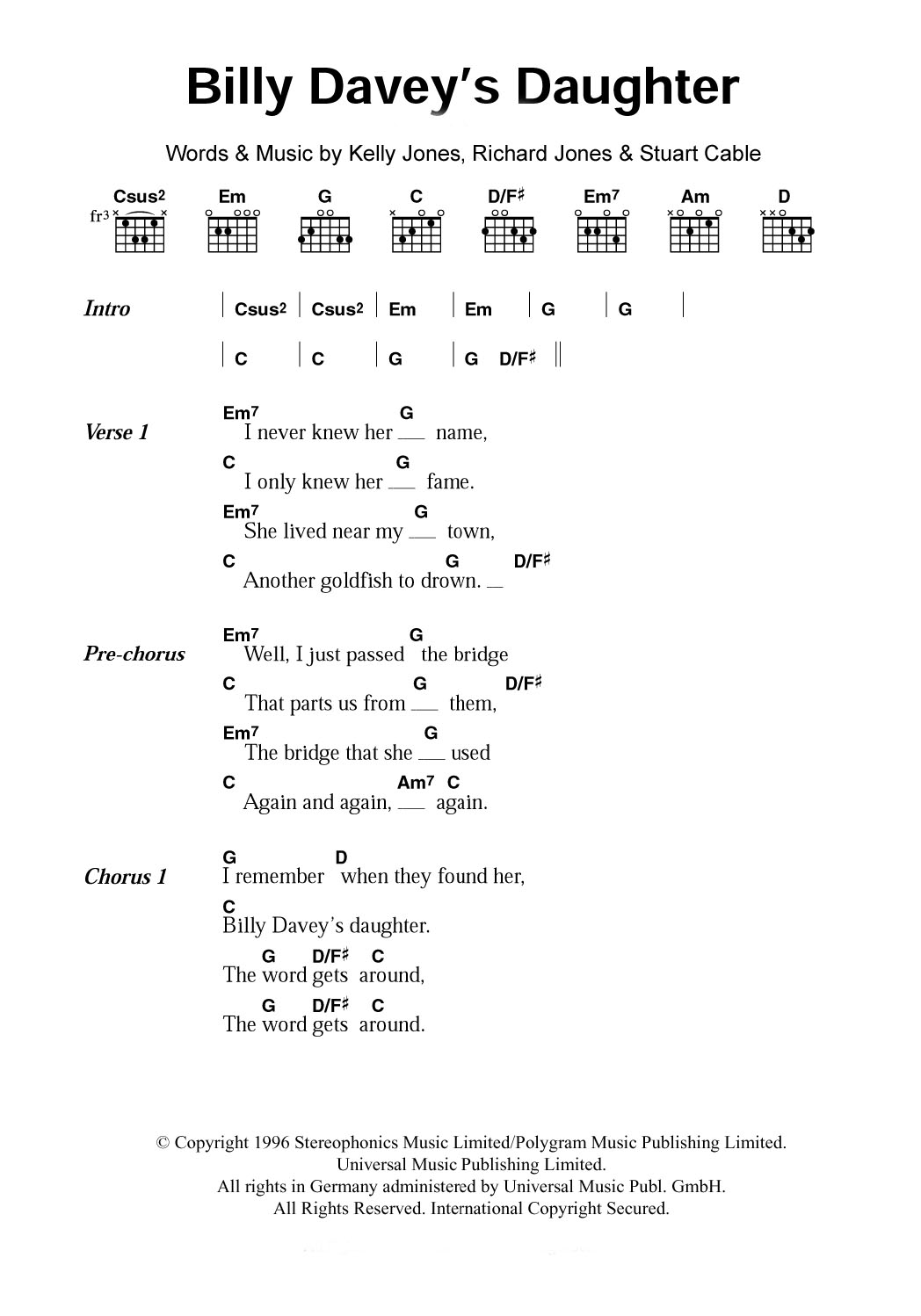 Stereophonics Billy Davey's Daughter sheet music notes and chords arranged for Guitar Chords/Lyrics