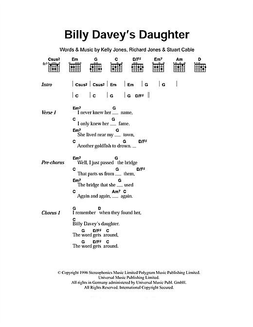Stereophonics Billy Davey's Daughter sheet music notes and chords arranged for Guitar Chords/Lyrics