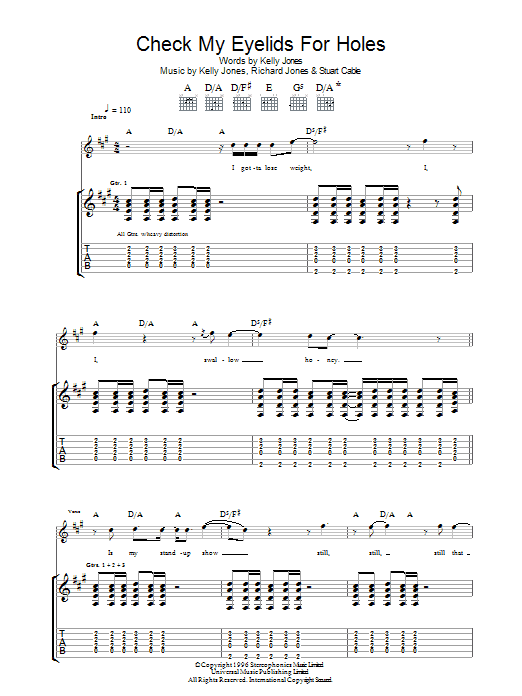 Stereophonics Check My Eyelids For Holes sheet music notes and chords arranged for Guitar Tab