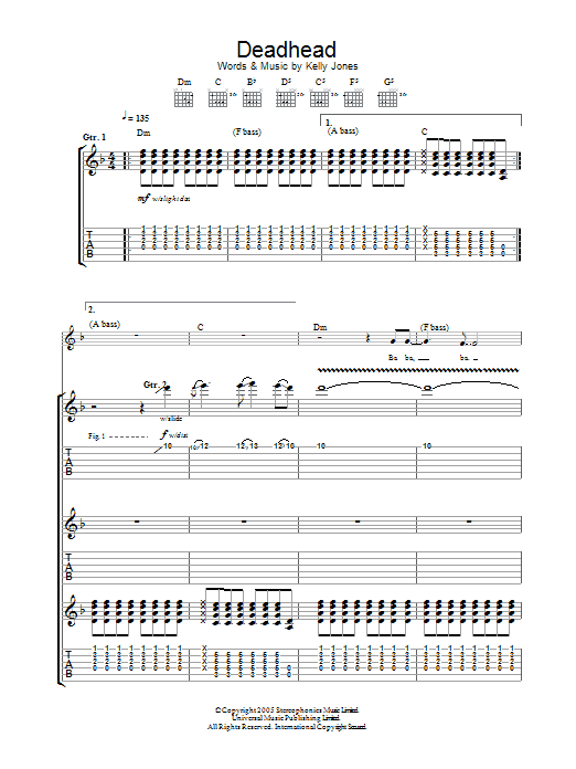 Stereophonics Deadhead sheet music notes and chords arranged for Guitar Tab