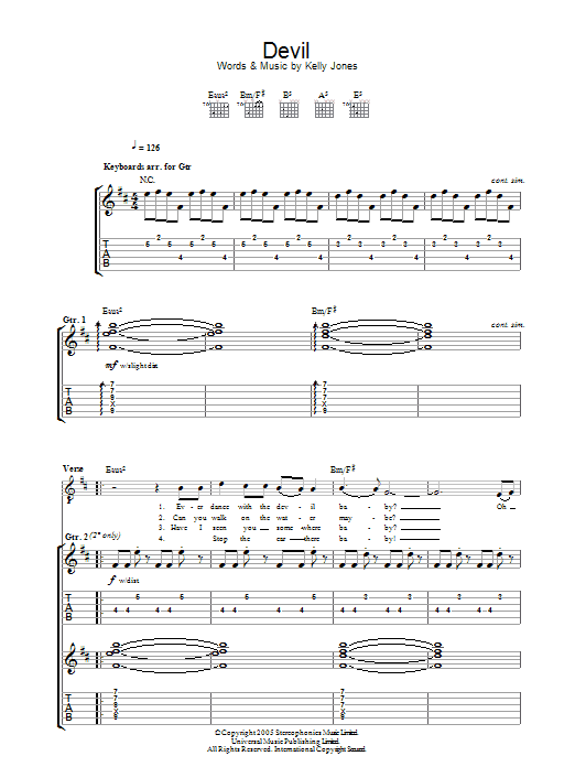 Stereophonics Devil sheet music notes and chords arranged for Guitar Tab