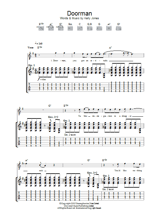 Stereophonics Doorman sheet music notes and chords arranged for Guitar Tab