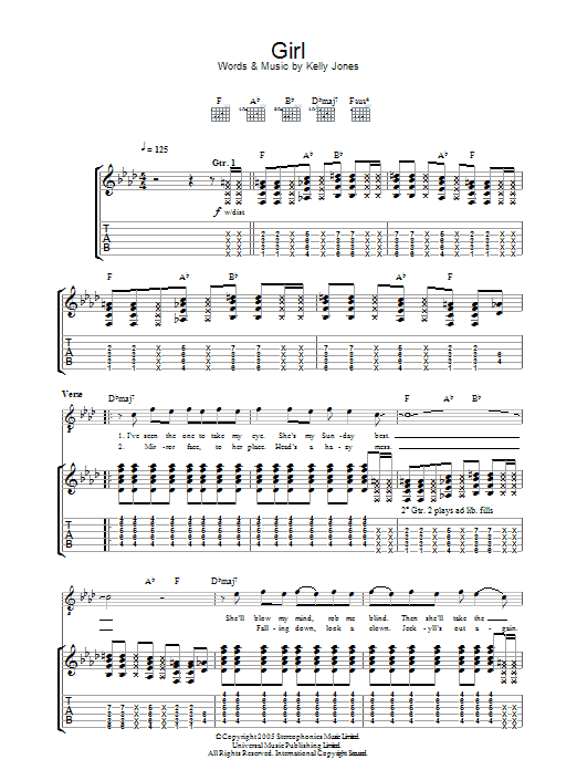 Stereophonics Girl sheet music notes and chords arranged for Guitar Tab