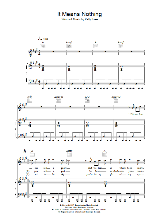 Stereophonics It Means Nothing sheet music notes and chords arranged for Piano, Vocal & Guitar Chords