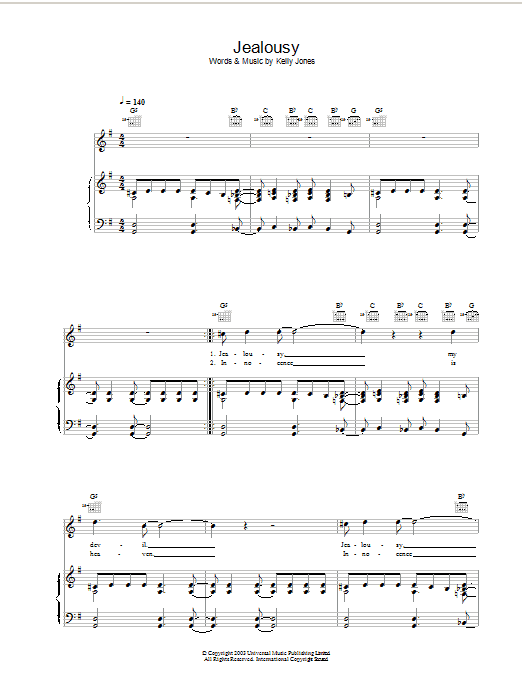 Stereophonics Jealousy sheet music notes and chords arranged for Piano, Vocal & Guitar Chords