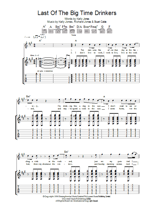 Stereophonics Last Of The Big Time Drinkers sheet music notes and chords arranged for Guitar Tab