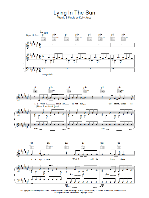 Stereophonics Lying In The Sun sheet music notes and chords arranged for Guitar Chords/Lyrics