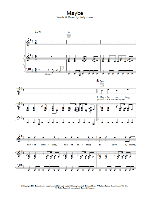 Stereophonics Maybe sheet music notes and chords arranged for Piano, Vocal & Guitar Chords
