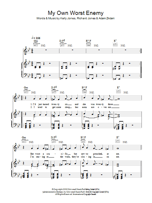 Stereophonics My Own Worst Enemy sheet music notes and chords arranged for Piano, Vocal & Guitar Chords