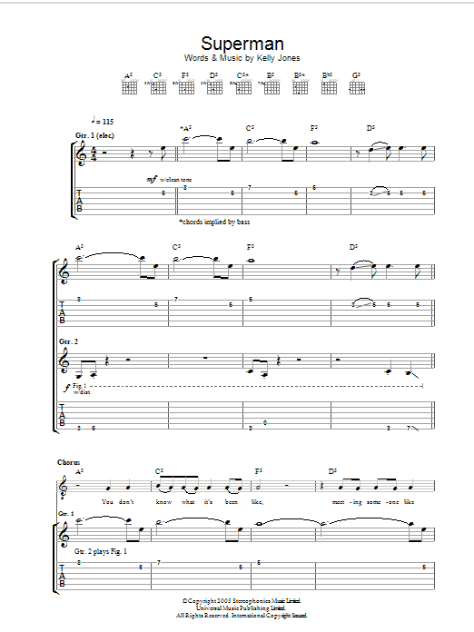 Stereophonics Superman sheet music notes and chords arranged for Guitar Tab