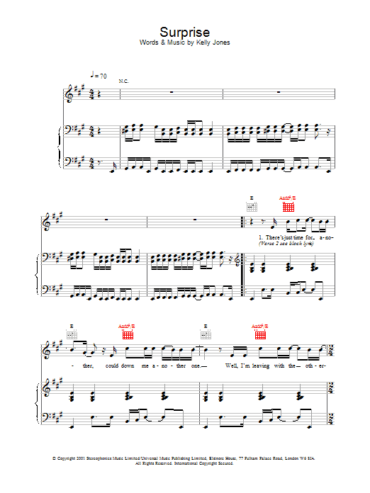 Stereophonics Surprise sheet music notes and chords arranged for Piano, Vocal & Guitar Chords