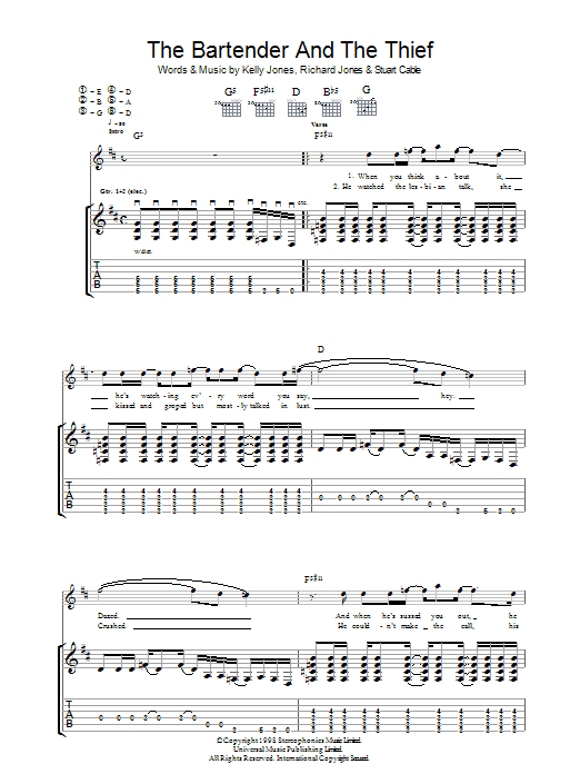 Stereophonics The Bartender And The Thief sheet music notes and chords arranged for Guitar Tab