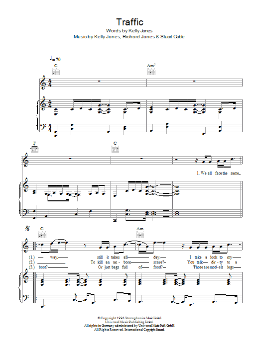 Stereophonics Traffic sheet music notes and chords arranged for Piano, Vocal & Guitar Chords